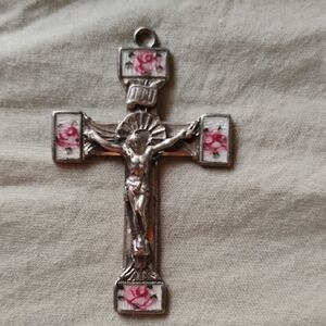 Antique Sterling Silver Crucifix with Guilloche Enamel Rose Accents